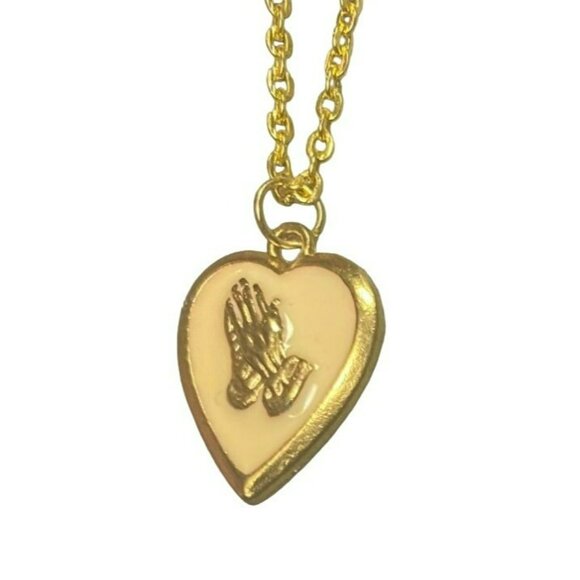 Vintage Gold tone Heart Necklace With Praying Hands Cream Enamel Pendant - Picture 3 of 6